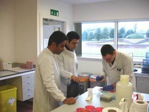 Operations Manager Karwan Bakir, from Vano-Rasun, Republic of Iraq, and Production Manager Majed Al Dwaihy, Kingdom of Saudi Arabia, attend lab training at Aviagen.