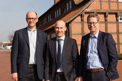 Big Dutchman Board Chairman Bernd Meerpohl, left, Inno+ Managing Director Maurice Ortmans and Big Dutchman Executive Assistant Lars Vornhusen observe Big Dutchman’s acquisition of Inno+. | Big Dutchman