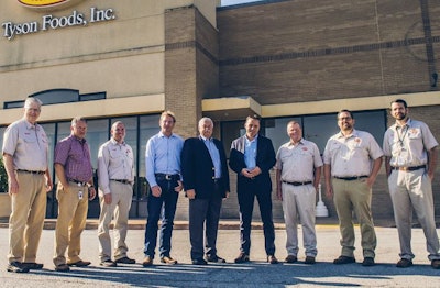 Celebrating the agreement between Pas Reform and Tyson Foods are, from left, Michael Freer, complex engineer, Tyson Foods; Mike Tubb, managing director engineering, Tyson Foods; David Corvin, live production manager, Tyson Foods; Jan-Peter Eil, project manager, Pas Reform Hatchery Technologies; Jack Hubbel, VP sales, NatureForm Hatchery Technologies; Bouke Hamminga, director international sales & business development, Pas Reform Hatchery Technologies; Tom McCue, complex manager, Tyson Foods; Shelby Watkins, director of breeder & hatchery operations, Tyson Foods; Barry Vincent, breeder hatchery tech support, Tyson Foods. (Pas Reform)