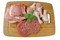 Raw Beef, Pork, And Chicken On A Cutting Board