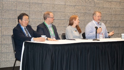 From left, a panel discussion on FSMA inspections included: Arthur Tsien, principal at OFW Law; Mike Gauss, president of Kent Nutrition Group, Inc.; Leah Wilkinson, vice president of public policy and education at AFIA; and Darrin Poole, corporate feed mill quality control manager at Sanderson Farms, Inc.