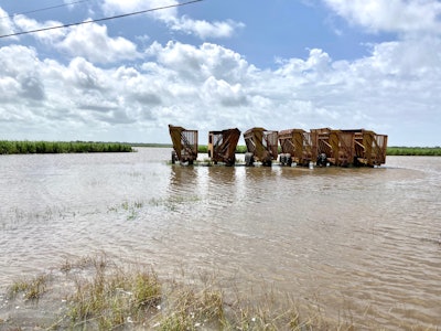 Wagons used for harvesting sugarcane sit on high ground surrounded by floodwaters from Hurricane Laura near New Iberia, Louisiana. Photo by Bruce Schultz/LSU AgCenter