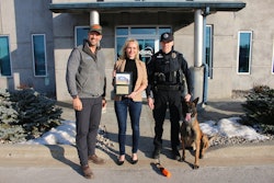 Left to right: Riley Didion, Coral Didion, Sergeant Robin Messer, K9 Rico. Photo source: Didion