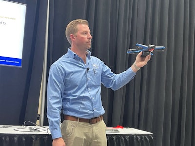 Austin Carpenter talked about new drone technology available to the grain industry. Photo: Lisa Cleaver