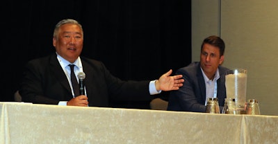 Andrew Hwang (left) and Rodney Nye (right) speaking on supply chain disruptions at the 2022 Purchasing and Ingredient Suppliers Conference. Photo: AFIA