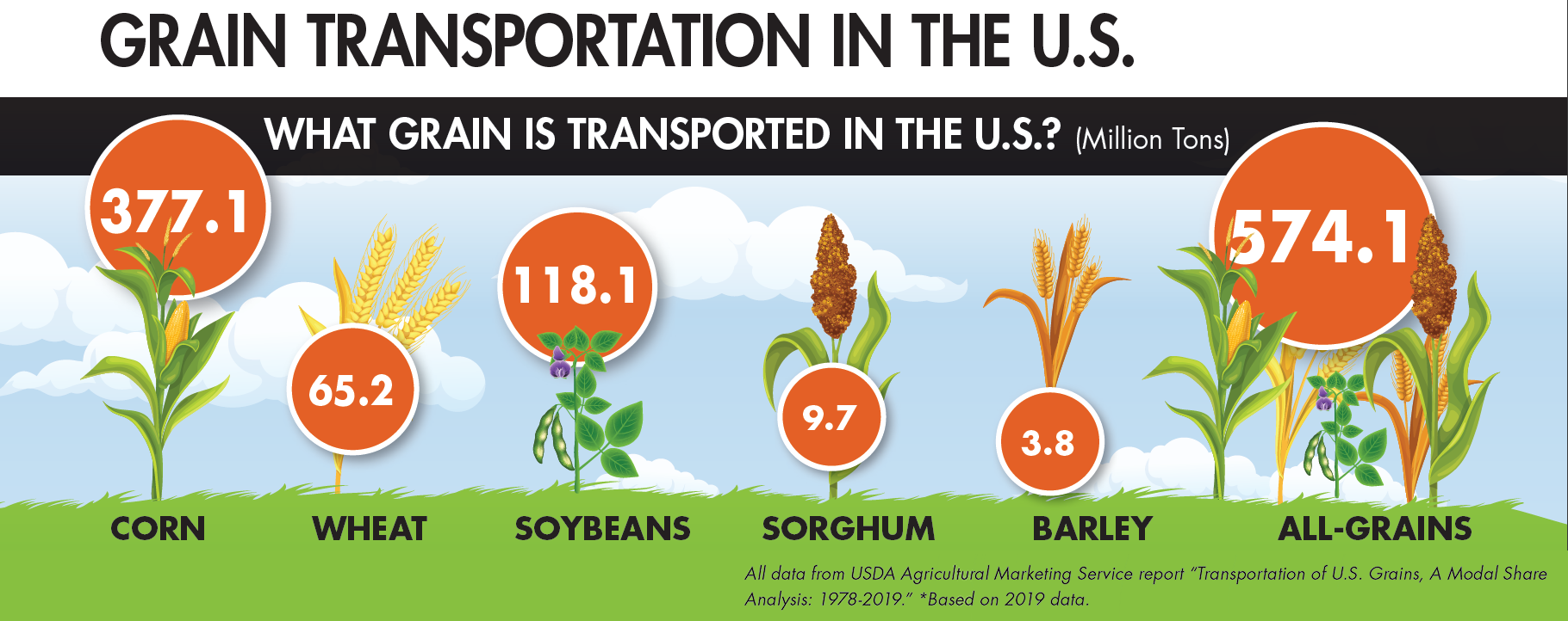 Over half of the grain transported in the U.S. is corn, most of which is bound for domestic locations. Tess Stukenberg and John Henrick I iStock.com