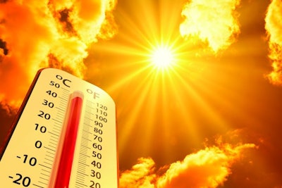 hot temperature,Thermometer on yellow sky with sun shining in summer show higher Weather, concept global warming