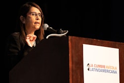 Dr. Claudia Osorio, veterinary services with Elanco Animal Health, speaking at the la Cumbre Avícola Latinoamericana at the 2023 IPPE. Photo courtesy of IPPE