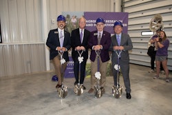 Raj Khosla, head, K-State Department of Agronomy; U.S. Sen. Jerry Moran; Ernie Minton, dean, K-State College of Agriculture; Richard Linton, K-State president.