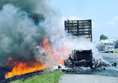 A truck that caught fire along U.S. 50 in Hebron, Maryland, was hauling poultry for Amick Farms.