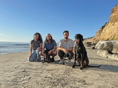 California Dog Kitchen is a young company with a devoted crew: Rayleen Villa, general manager of production; Sasha Altshteyn, co-founder and Ilya Altshteyn, co-founder; shown here with Cavapoo mix Shamu and Great Dane/Weimaraner mix Lluvia.