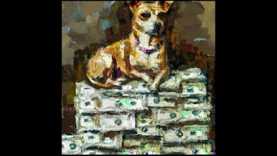 Dall·e 2023 05 09 11 59 52 Impressionist Painting Of Dog Sitting On Pile Of Money