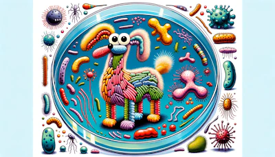 Dall·e 2024 05 31 09 12 25 A Cartoon Collage In The Style Of Terry Gilliam From Monty Python, Depicting A Petri Dish With Bacteria Arranged In The Shape Of A Dog The Petri Dish