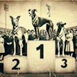Dall·e 2024 05 10 10 00 30 A 1950s Style Black And White Newspaper Photo Depicting Three Dogs Standing On Winners' Podiums After A Race The Tallest Podium In The Center Holds T