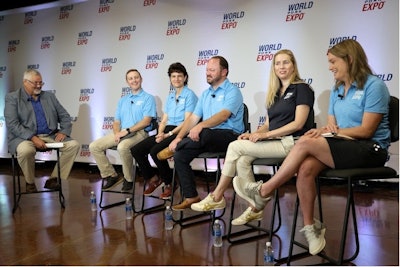 AgriTalk host Chip Flory (left) moderated a policy panel on pork priorities at World Pork Expo in Des Moines. NPPC panelists included (from left): Bryan Humphreys, CEO; Lori Stevermer, president; Chase Adams, assistant vice president of domestic policy; Maria C. Zieba, vice president of government affairs; and Dr. Anna Forseth, director of animal health.