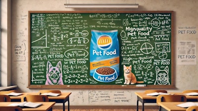 Dall·e 2024 07 08 12 27 05 A College Chalkboard With An Advertisement For Pet Food Plastered On It The Chalkboard Is Filled With Handwritten Notes And Equations Typical Of A Cl