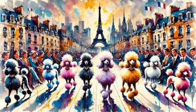 Dall·e 2024 07 25 12 45 27 An Expressionist Watercolor Painting Of French Poodles Walking On A Fashion Runway, With The Paris Skyline Visible In The Background The Scene Is Vib