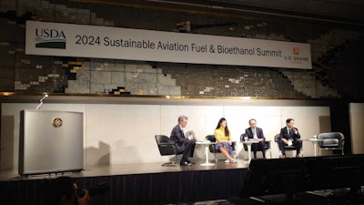 U.S. Grains Council (USGC) staff attended the 2024 Sustainable Aviation Fuel (SAF) and Bioethanol Summit in Tokyo, Japan this week to discuss opportunities for expanded SAF use worldwide that can generate demand for U.S. producers to meet. Pictured, USGC SAF Consultant Mark Ingebretson (left) moderates a panel on current SAF applications.