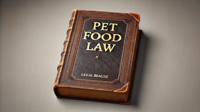 Dall·e 2024 07 08 12 43 49 A Thick, Leather Bound Book Titled 'pet Food Law' By Legal Beagle The Cover Is Made Of Dark Brown Leather With Gold Embossed Lettering For The Title