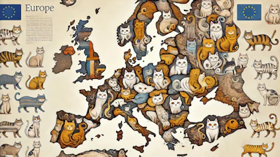 Dall·e 2024 07 29 11 50 44 A Fanciful Map Of Europe Made Up Of Artistically Drawn Cats, With Each Country Represented By A Unique Cat In Different Poses, Sizes, And Colors The