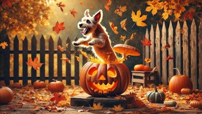 Dall·e 2024 11 26 06 36 34 A Playful And Energetic Dog Bursting Out Of A Carved Pumpkin, Surrounded By An Autumn Setting With Colorful Fallen Leaves And A Rustic Wooden Fence In