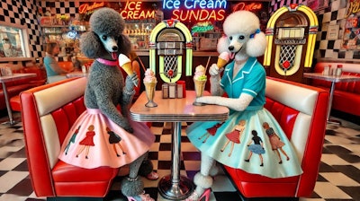 Dall·e 2024 12 03 11 35 28 A Kitschy 1950s Scene Featuring Two Poodles Eating Ice Cream Sundaes In A Classic American Diner The Diner Is Styled With Vibrant Chrome Accents, Neo