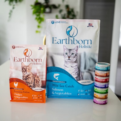 The company's new and improved Earthborn Holistic dry cat food now aligns with its rebranded dry dog food.