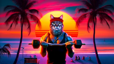 Dall·e 2024 05 17 09 58 26 A Dramatic Scene From The Training Montage Of An Action Hero In An 80s Movie The Hero Is An Anthropomorphic Cat Wearing A Red Headband, Lifting Weigh