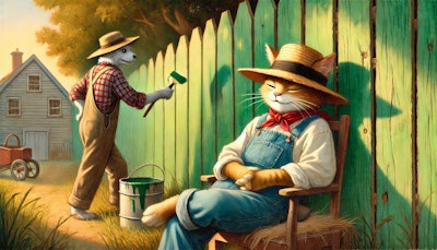 Dall·e 2025 01 29 16 22 07 A Nostalgic Watercolor Painting Of A Humanoid Cat And A Humanoid Dog In A Classic Americana Setting The Cat, Dressed Like Tom Sawyer In Old Fashioned