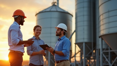 Workers Talking At Grain Elevator