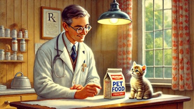 Dall·e 2025 03 04 08 39 44 A Nostalgic Watercolor Painting Of A Veterinarian In A Cozy Clinic, Prescribing A Bag Of Pet Food To A Small, Curious Kitten The Veterinarian, Wearin