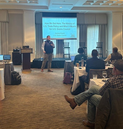 This month, U.S. Grains Council (USGC) and National Corn Growers Association (NCGA) staff hosted a series of trade policy academies for members to learn how agricultural export markets are affected by geopolitical developments. Pictured, USGC Director of Trade Policy speaks to producers in Birmingham, MI about the history of U.S. trade policy.