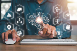 Digital transformation interface with AI brain and business technology icons