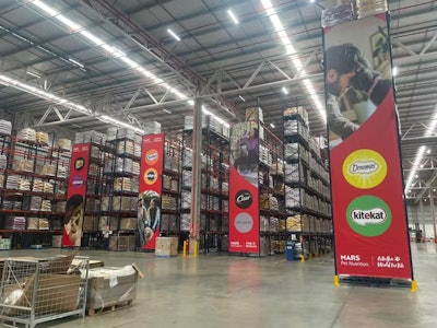 Mars Pet Nutrition warehouse with product displays and shelving units