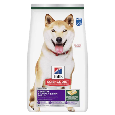 Hill's Science Diet dog food bag with smiling Shiba Inu dog for sensitive stomach and skin