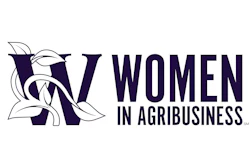 Women in Agribusiness logo with leaf design in navy blue