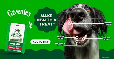 Dog showing dental health benefits of Greenies treats with product package