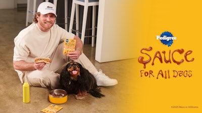 Pedigree dog treats ad with man and dog enjoying Drizzlers sauce