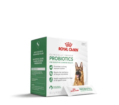 Royal Canin Probiotics dog supplement box with German Shepherd and digestive health benefits