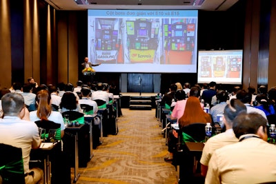 The U.S. Grains Council, in collaboration with its members Growth Energy and the Renewable Fuels Association, recently traveled to the Philippines and Vietnam to show support for the advancement of ethanol blending policies in the nations. Pictured, Growth Energy Vice President for Market Development Jake Comer presents on retail fuel dispensing strategies for ethanol blends in Vietnam.
