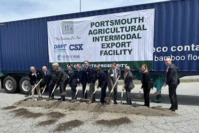 Pictured left-right: Jody Lassiter, CSX; Brian Donahue, Portsmouth Economic Development; VA Secretary of Transportation Shep Miller; Brandon Bickham; Pat DeLong; Chris DeLong; Portsmouth Mayor Shannon Glover; VA Secretary of Agriculture and Forestry; U.S. Representative Bobby Scott; Linda Balderson, Department of Rail and Public Transportation; Stephen Edwards, The Port of Virginia