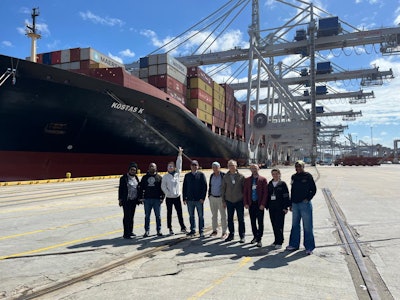 The first-ever shipment of U.S. corn fermented protein certified under the U.S. Grains Council's (USGC's) corn sustainability assurance protocol (CSAP) recently arrived in the United Arab Emirates (UAE). The shipment is the result of a commercial agreement negotiated at recent Council conferences and events. Customers are pictured touring the Port of Savannah with USGC Regional Director for Europe, the Middle East and Africa (EMEA) Ramy H. Taieb (fourth from left) after the Council's Export Exchange conference in October.