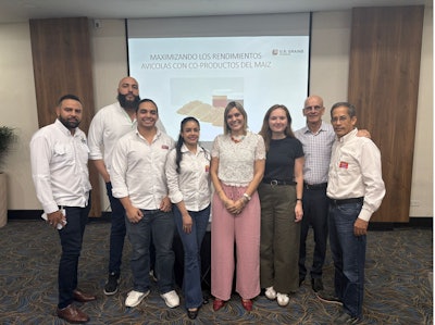 The U.S. Grains Council (USGC) met with feed industry stakeholders in the Dominican Republic last week to discuss increased usage of U.S. corn and corn co-products like distiller's dried grains with solubles (DDGS). Pictured are USGC Marketing Specialist Angelica Rios (middle), USGC Regional Programs and Special Projects Manager Sierra Richey (third from right) and USGC Consultant Mario Zumbado (second from right).
