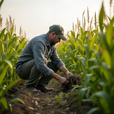 Farmer Crouching In Corn Field