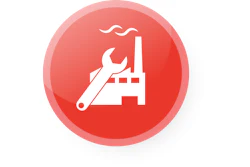 Industrial maintenance icon with factory and wrench on red background