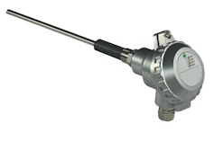 Industrial temperature sensor probe with metallic silver cylindrical housing