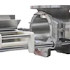 Industrial rotary valve with red electric motor and metallic mechanical components