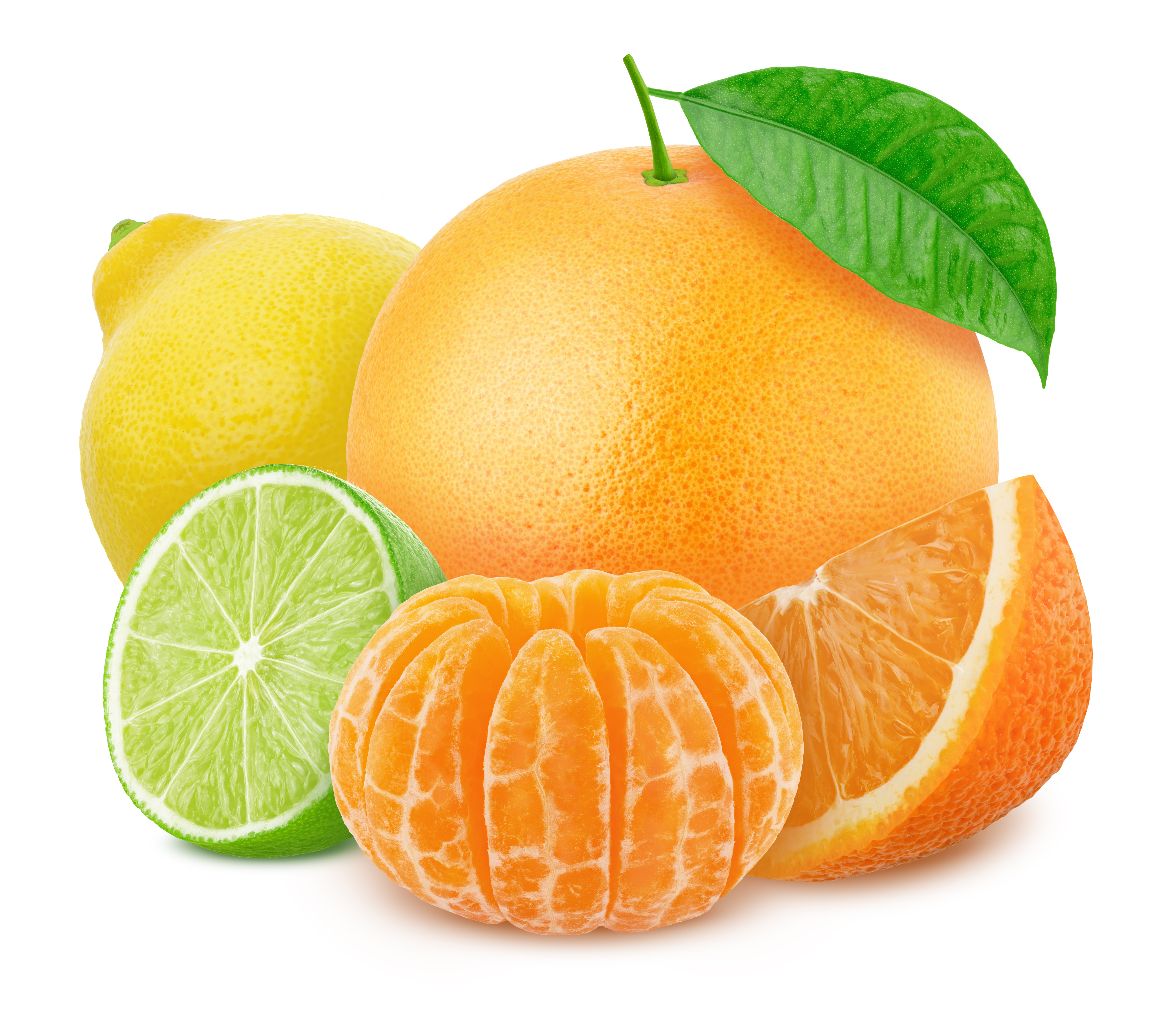 Assorted citrus fruits: orange, lemon, lime, and peeled mandarin with green leaf
