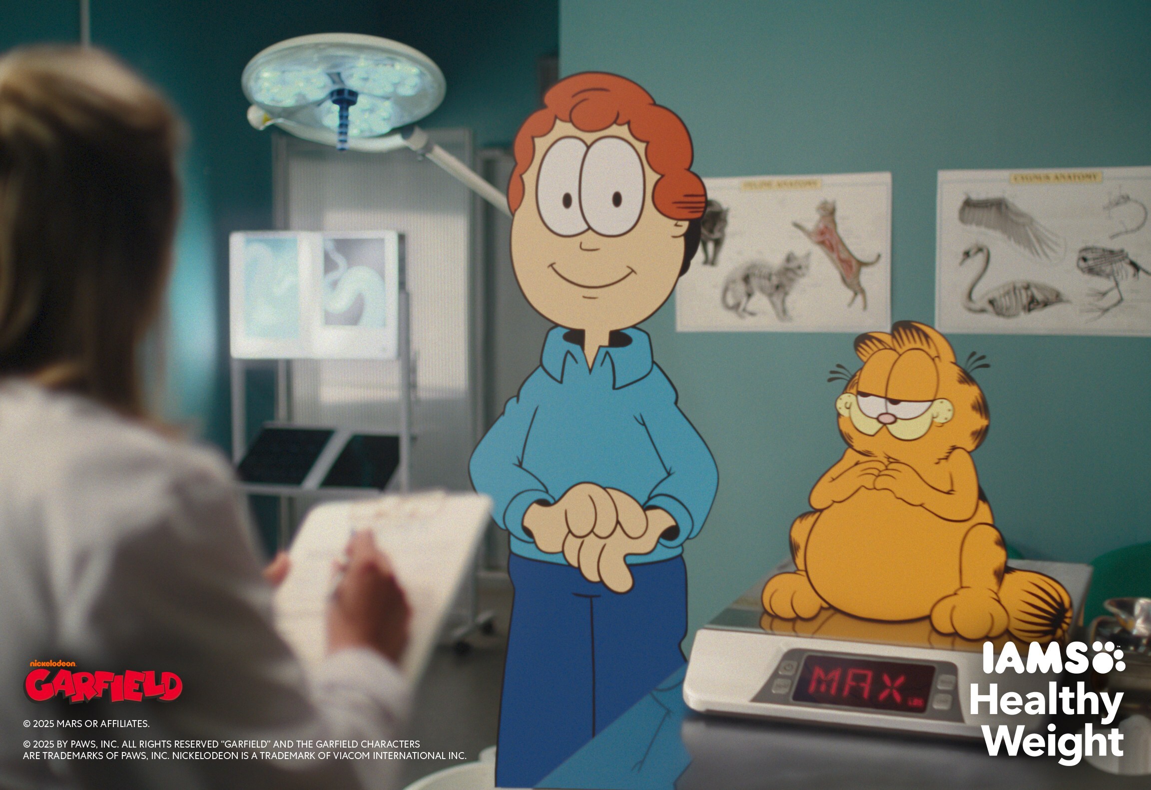 Cartoon Garfield and Jon in veterinary exam room with weight scale