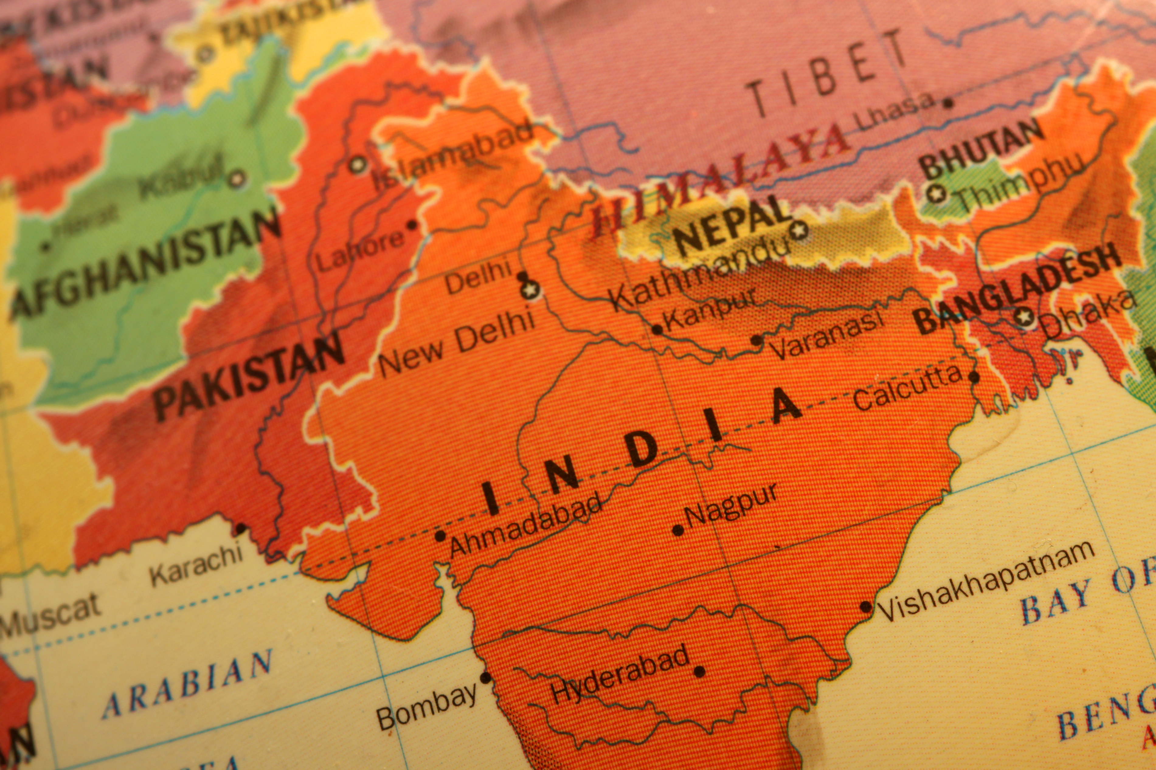 Political map of South Asia highlighting India and neighboring countries